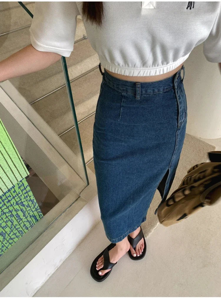 Korean Style Slim Bodycon Blue Skirts For Women 2026 Spring Summer New High Waist Split Denim Midi Skirt