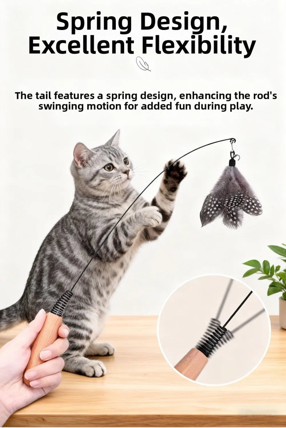 Wooden Handle Spring Teasing Cat Stick Feather Simulation Fishing Rod Cat Teaser Stick Interactive Replaceable Bell Squeaky Cat