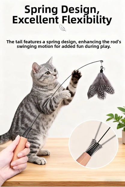 Wooden Handle Spring Teasing Cat Stick Feather Simulation Fishing Rod Cat Teaser Stick Interactive Replaceable Bell Squeaky Cat