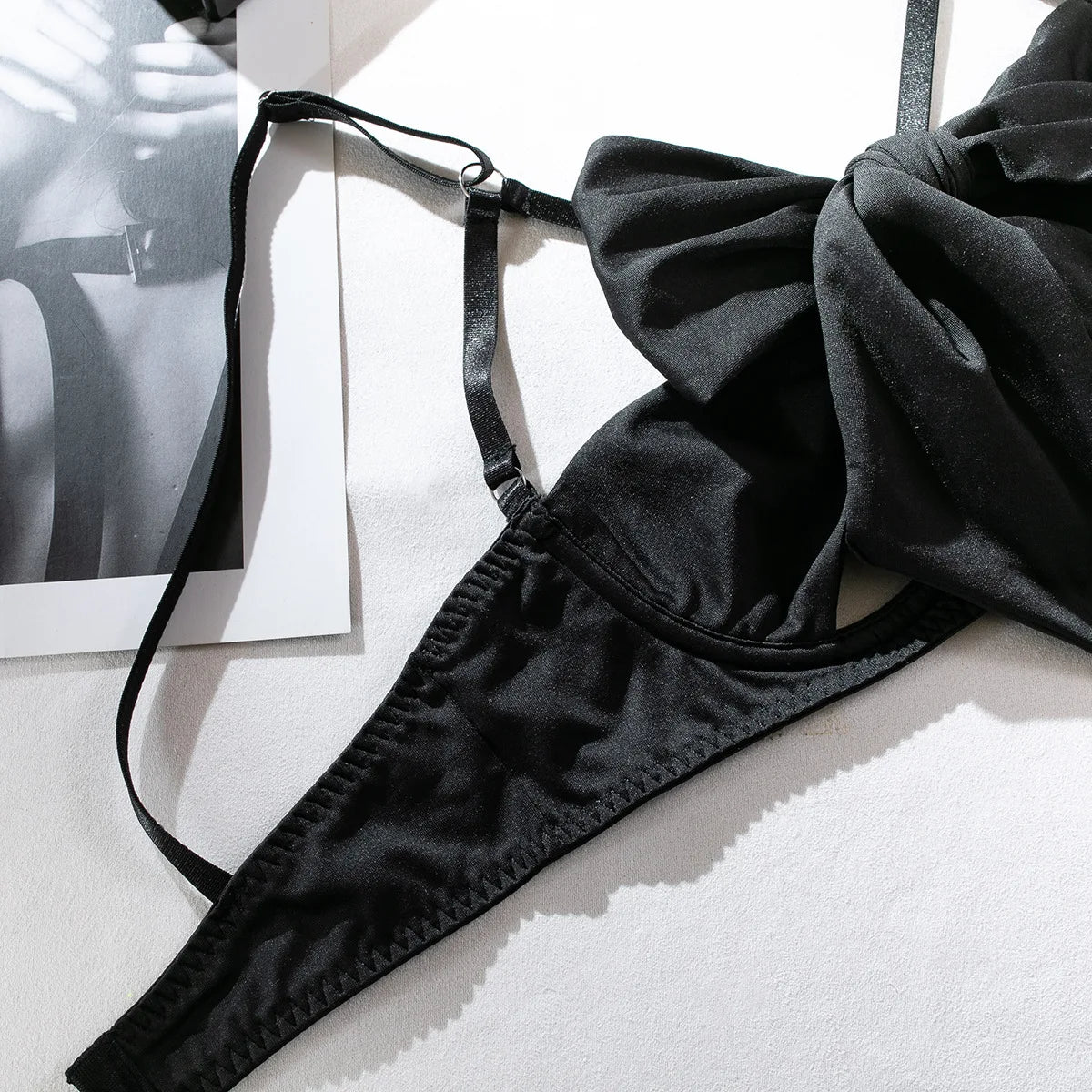 sexy lingerie set Bow bra Black Temptation Bra Set Belt Hollowed Out Gathering Four Piece underwear women Set Erotic Sleepwear