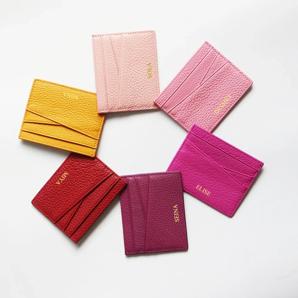 Custom Company Logo Cowhide Card Holder Woman Man Fashion Slim Mini Card Bag Genuine Leather Engrave Name Luxury Casual Purse