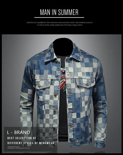 2025 Autumn Vintage Checkered Denim Jacket for Men Flip Collar Single Breasted Casual Business Jacket Social Street Wear Jeans