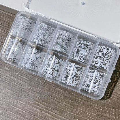 10 Rolls/Box New Black&White Lace Nail Transfer Stickers Sexy Lace Flower Full Wraps Nail Decals DIY French Manicure Decorations