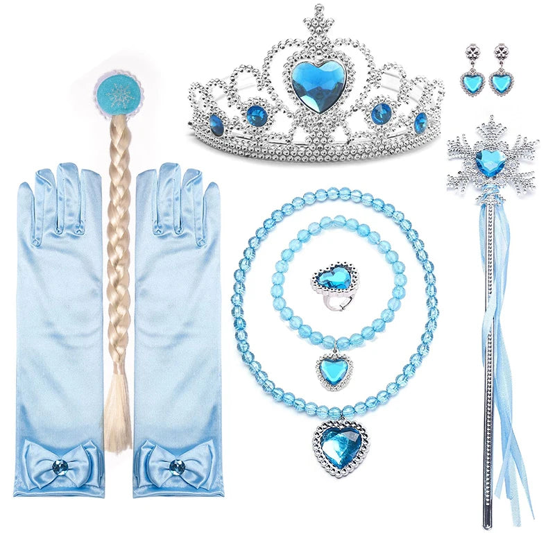 Elsa Princess Accessories Gloves Wand Crown Jewelry Set Elsa Wig Necklace Braid Girls Cosplay Snow Queen Dress Clothing Dress UP