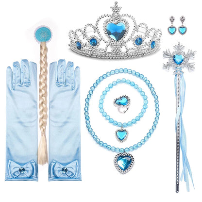 Elsa Princess Accessories Gloves Wand Crown Jewelry Set Elsa Wig Necklace Braid Girls Cosplay Snow Queen Dress Clothing Dress UP