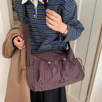 Korean Nylon Shoulder Bag Fashion Simple Plaid Zipper Tote Bag Drawstring Pleated Cloud Bag New Commuter Crossbody Shoulder Bag