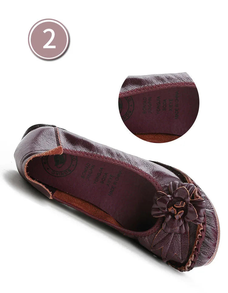 Vintage Flower Moccasins Woman Genuine Leather Ballet Flats Ladies Hollow Slip Ons Women's Luxury Loafer Purple Walking Shoes 42