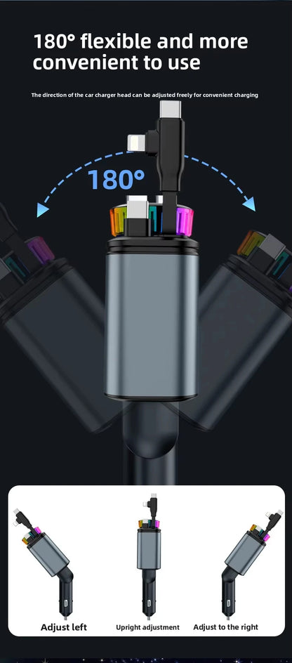 120W 5-in-1 Car Fast Charger Retractable Cable PD 30W Digital Voltmeter Star Light Car Charging Adapter For IOS Android