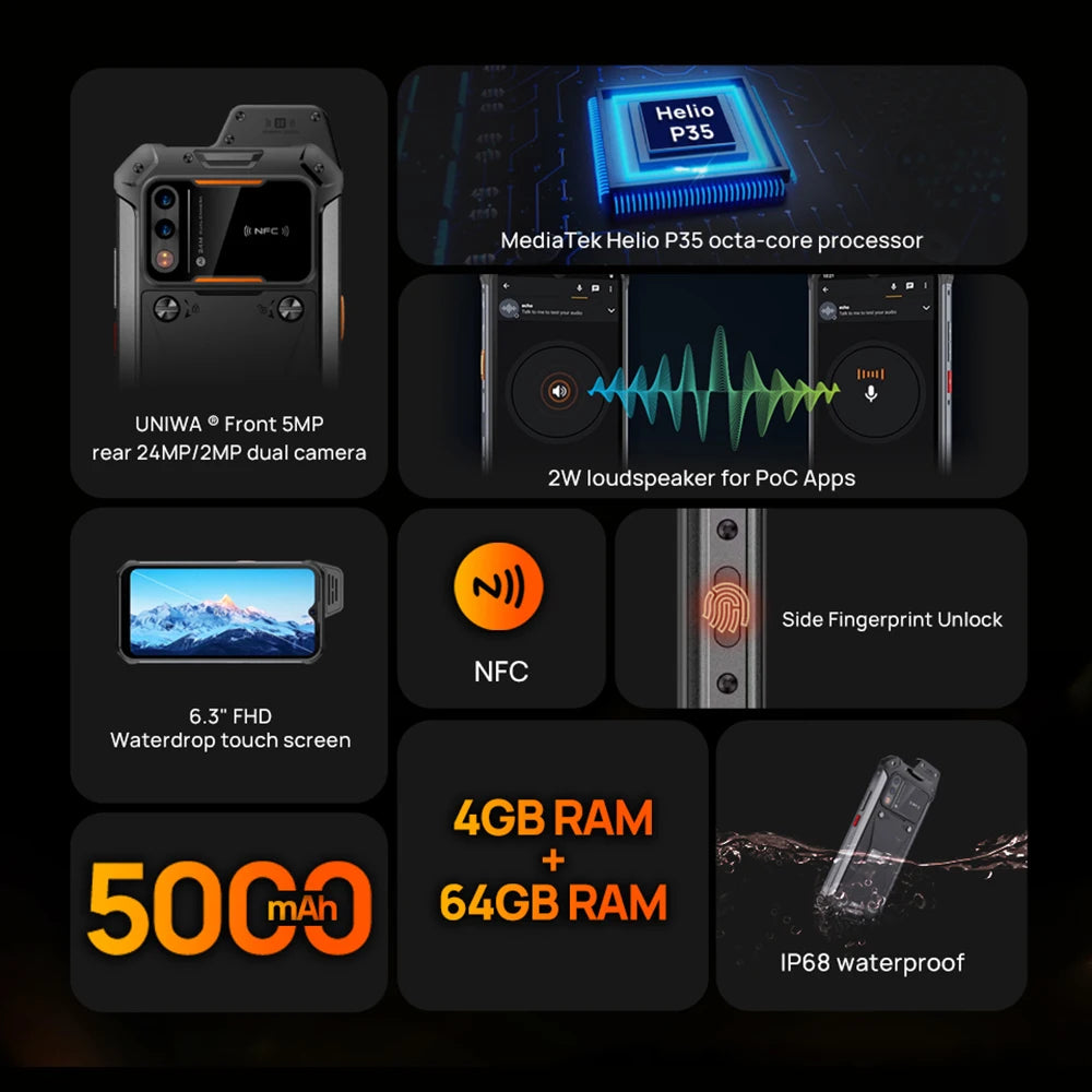 UNIWA W888 ATEX Explosion-proof IP68 Smartphone 4GB 64GB Andriod 11 6.3 Inch NFC Cellphone Walkie Talkie 4G Mobile Phone