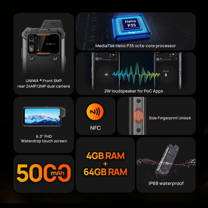 UNIWA W888 ATEX Explosion-proof IP68 Smartphone 4GB 64GB Andriod 11 6.3 Inch NFC Cellphone Walkie Talkie 4G Mobile Phone