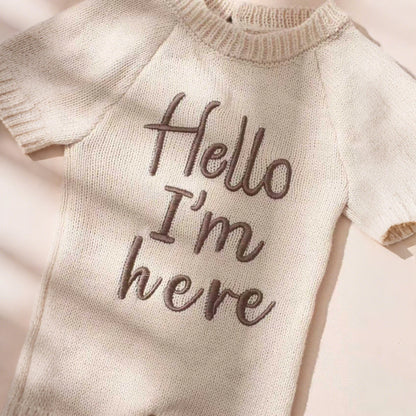 Ylsteed "Hello" Embroidery Knitting Newborn Birth Announcement Outfits Footed Jumpsuit Baby Boy Girl Photography Props Newborn