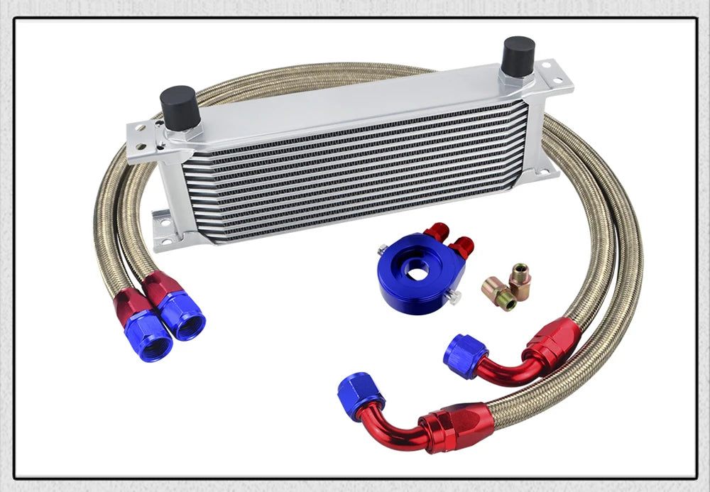 Universal 13 Rows Oil Cooler Kit + Oil Filter Sandwich Adapter + Nylon Stainless Steel Braided An10 Hose W/ PQY Sticker+Box
