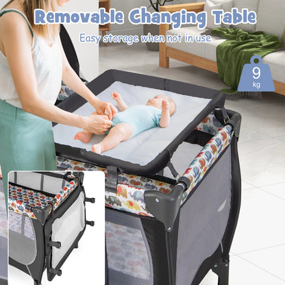 4-in-1 Baby Cot, Portable Cot Travel Cot with Foldable Mattress, Changing Table, Canopy, Play Arch & Music Box