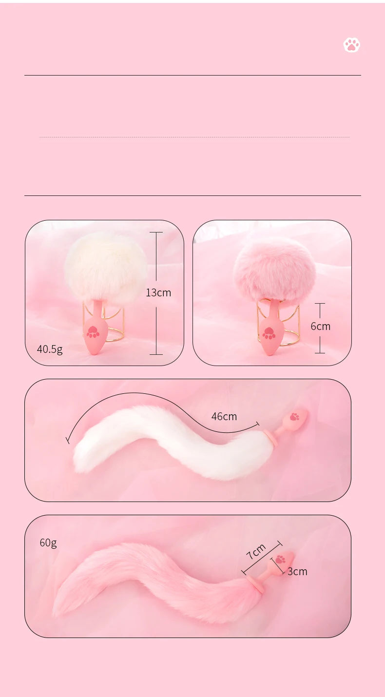 BLACKWOLF Cute Pink Silicone Anal Plug Soft Long Tail Butt Plug Adult Games Anal Beads Erotic Cosplay Sex Toys For Women