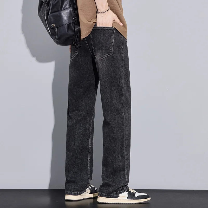 New Arrival American Vintage Wide Leg Elastic Denim Pants for Men Loose Straight Fit Flowy Versatile Casual Pants