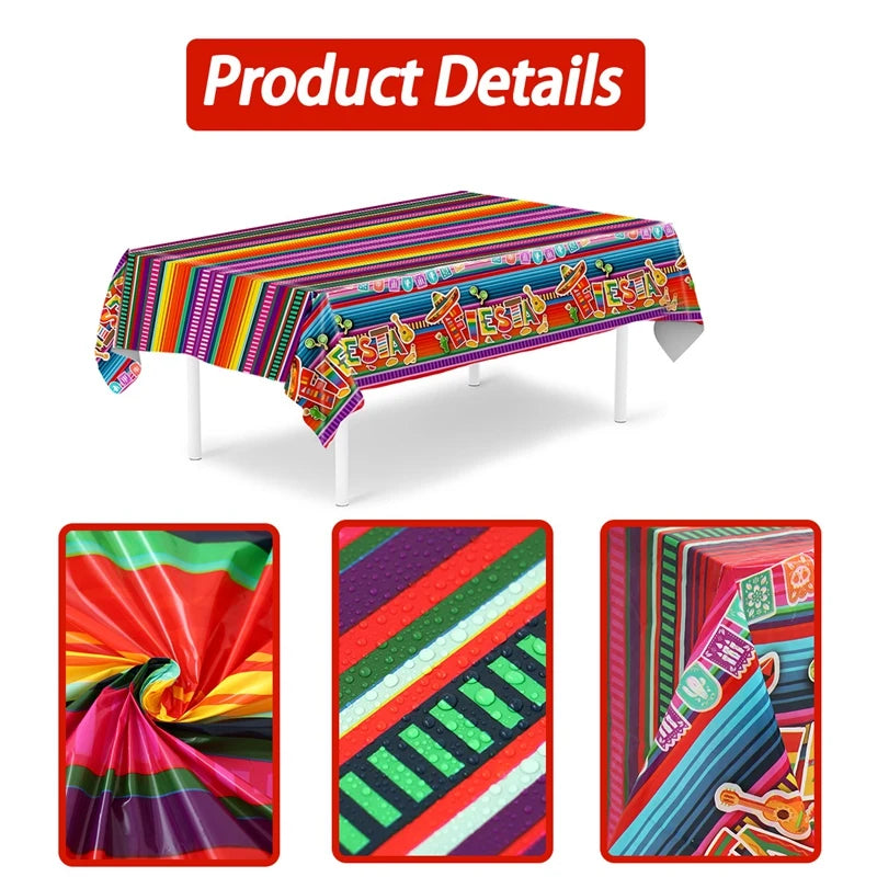 Mexican Stripes Plastic Tablecloth Holiday Party Decor Day of The Dead Waterproof Rectangle Tablecloth Mexican Fiesta Decoration