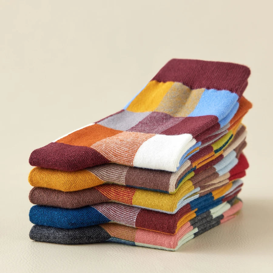 5 Pairs Combed Cotton Men's Socks Outdoor Party Compression Socks Fashion Colorful Square And Stripe Happy Dress Socks Men