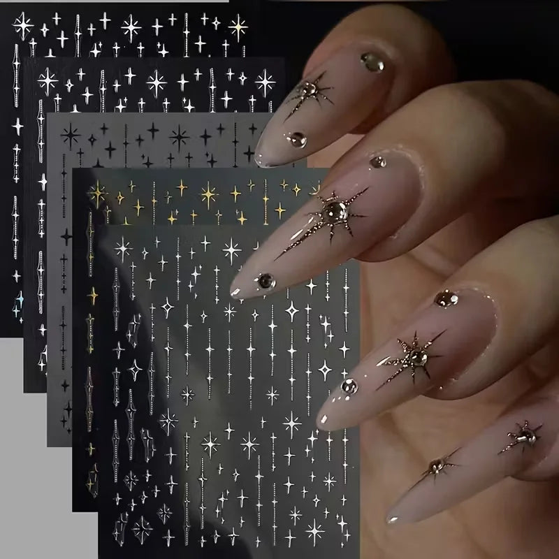 3D Star Nail Art Stickers Decals Self-Adhesive Metal Silver DIY Nail Stickers Decoration Decals Manicure Accessories