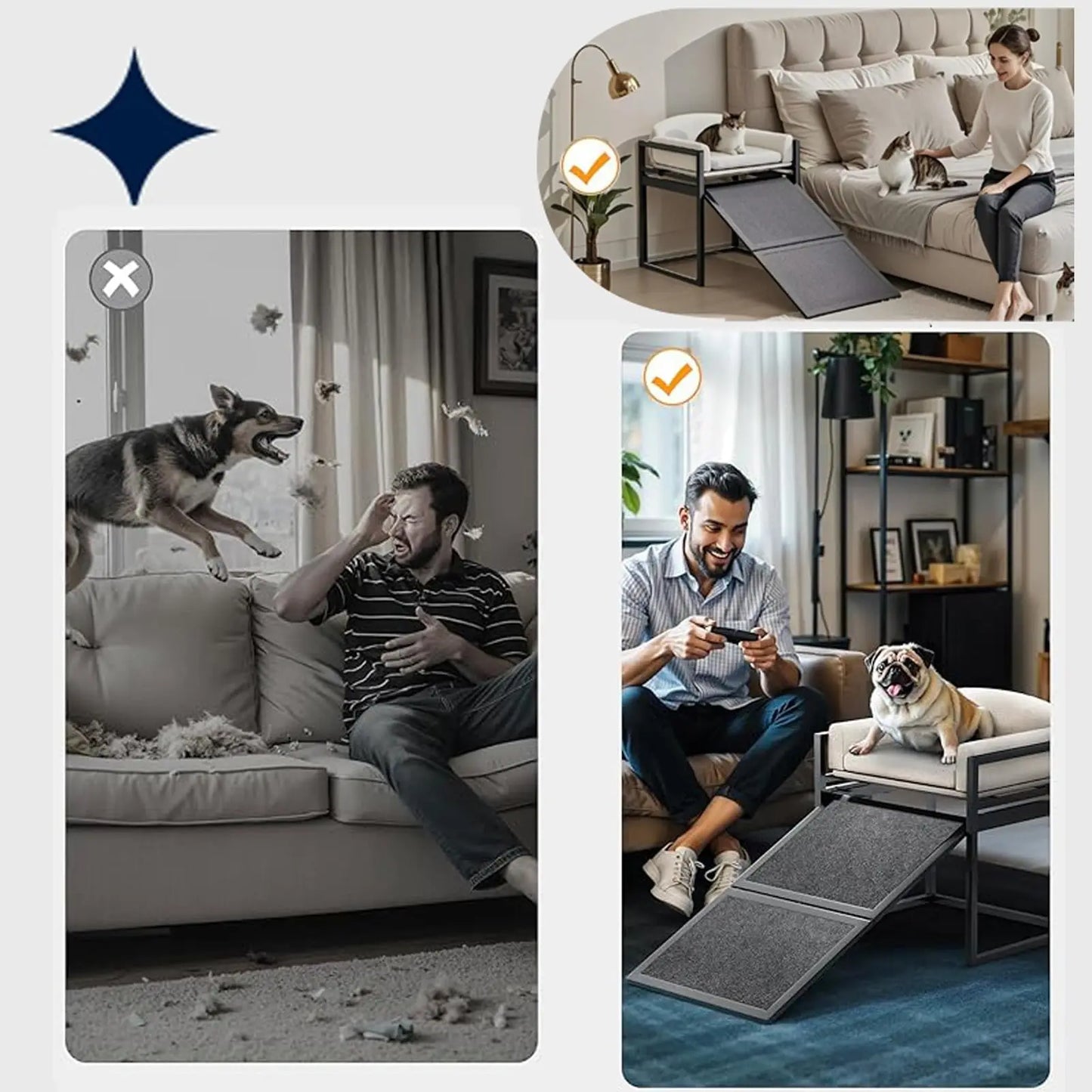 ZMaker 2026 Customizable Metal Frame Elevated Dog Bed with Ramp Non Slip Foldable Dog Stairs Ramps with Seat Cushion