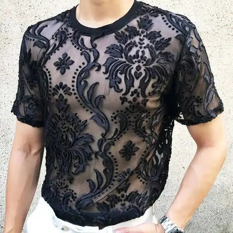 Sexy Round Neck T Shirt Soft Velvet Slim Men Clothing Nightclub Short-sleeved Top Quality Transparent Floral T Shirt See Through