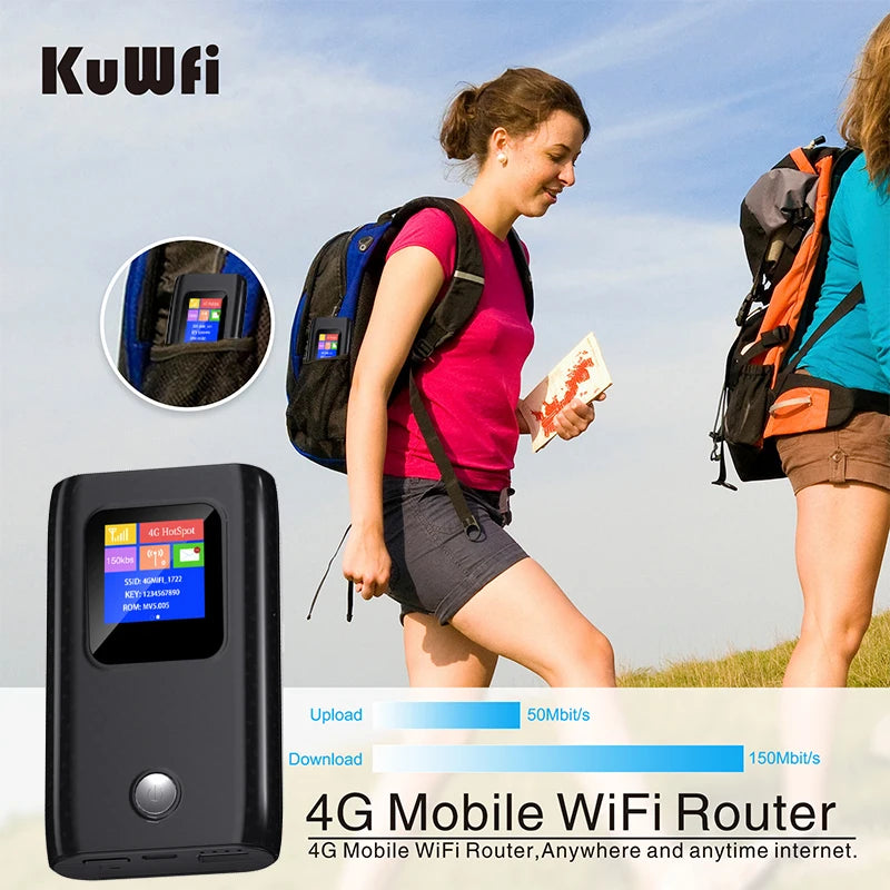 KuWFi CAT4 4G Mobile Router 2.4G Wireless WiFi Hotspot Portable Travel Mini LTE Router SIM Card Slot Built-in 6000mAh Battery