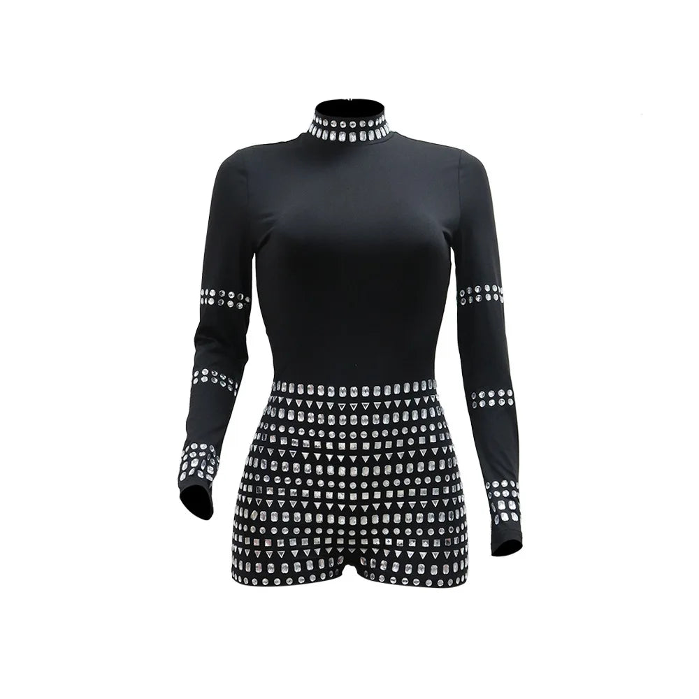 Leosoxs Women Diamonds Hot Rhinestones Long Sleeve Short Jumpsuits 2024 Summer Sexy Party Club One Piece Suit Rompers Playsuits