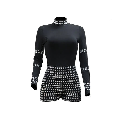Leosoxs Women Diamonds Hot Rhinestones Long Sleeve Short Jumpsuits 2024 Summer Sexy Party Club One Piece Suit Rompers Playsuits