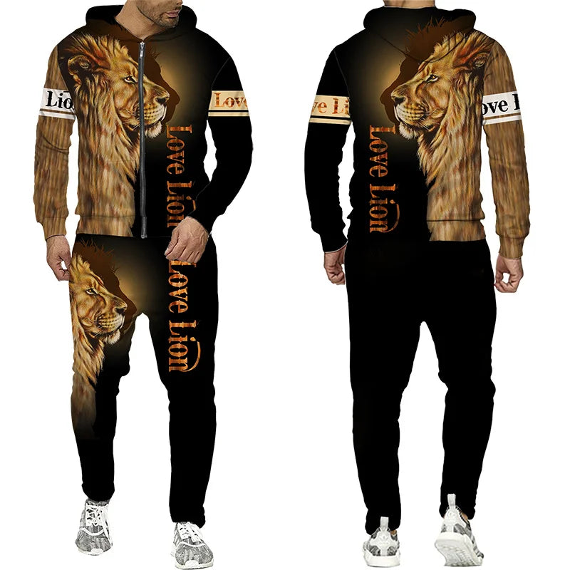 Spring and Autumn Men's Tracksuit 3D The Lion Print Zipper Hoodies Sweatshirts Pants Sets Casual Mens Clothing Women's Tracksuit