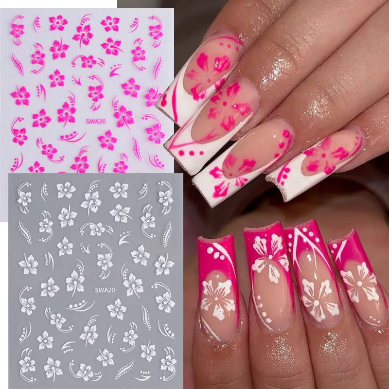 5D Hibiscus Flower Nail Embossed Sticker Acrylic Pink White Gold Petal Leaf Adhesive Decal Butterfly Dragon Floral Elegant Decor