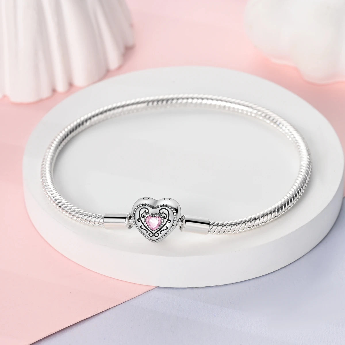 New Charm Bracelet 925 Silver Heart Shape Holy Mother Snake Chain Clasp Bracelet Fit Original Bead DIY Fashion Jewelry