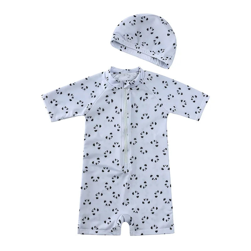 Baby Toddler One-piece Swimsuit With Hat Cartoon Print Kids Short Sleeve Zipper Swimwear Sun Protection For 0-7Y Boys Girls