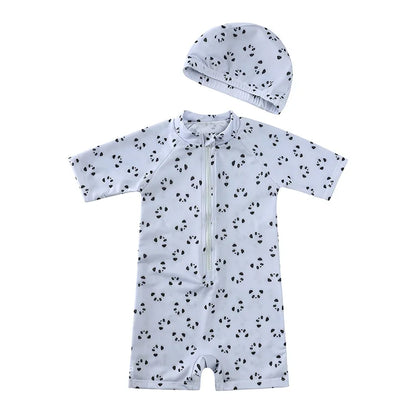 Baby Toddler One-piece Swimsuit With Hat Cartoon Print Kids Short Sleeve Zipper Swimwear Sun Protection For 0-7Y Boys Girls