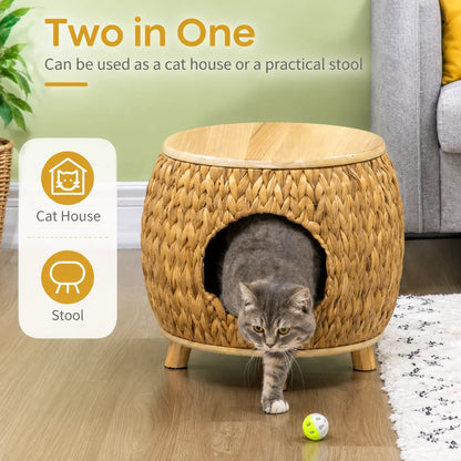 Cat cave with a soft washable cushion, featuring a natural light brown and grey design, it provides cats with a cozy hideaway while doubling as a sturdy stool and elegant home decor piece