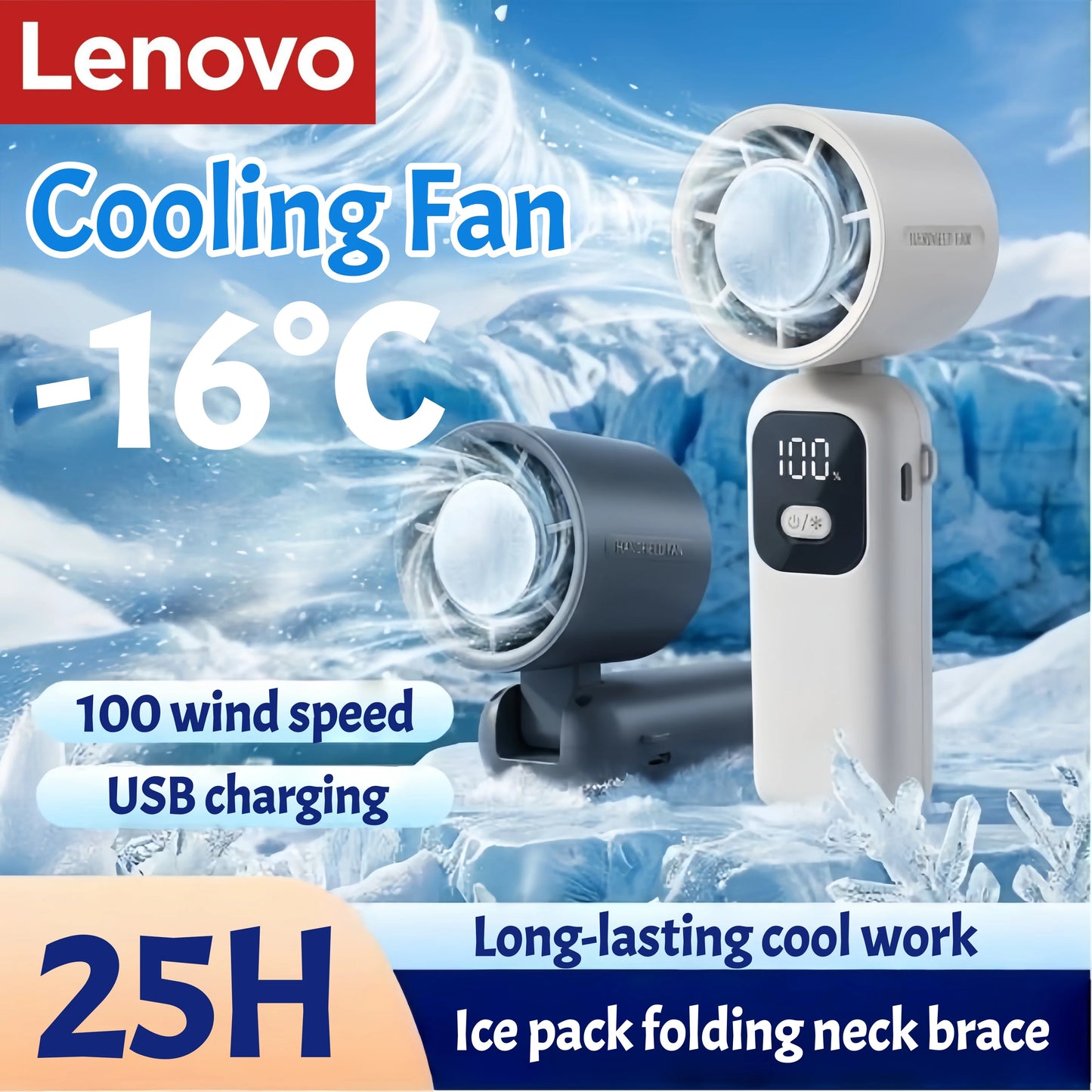 Lenovo Portable Fan Handheld Cooling Fan 100 Levels Foldable Rechargeable Strong Wind Air Cooler Digital Display Long Battery