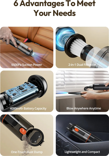 ThiEYE Cordless Car Vacuum Cleaner 6500pa Portable Powerful Car Aspirator Vacuum & Blowing 2 in 1 Wireless Handheld Auto Vacuum