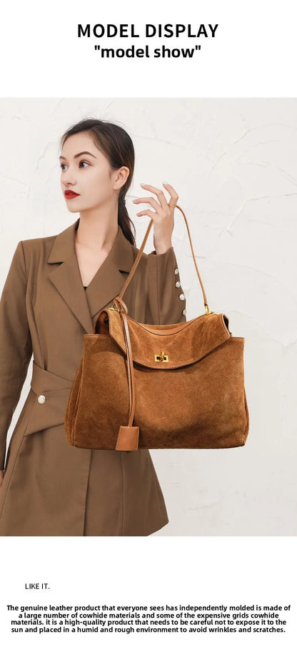 Large Capacity Autumn Winter Suede Leather Tote Bag Frosted Cowhide High-Grade Shoulder Bag for Women