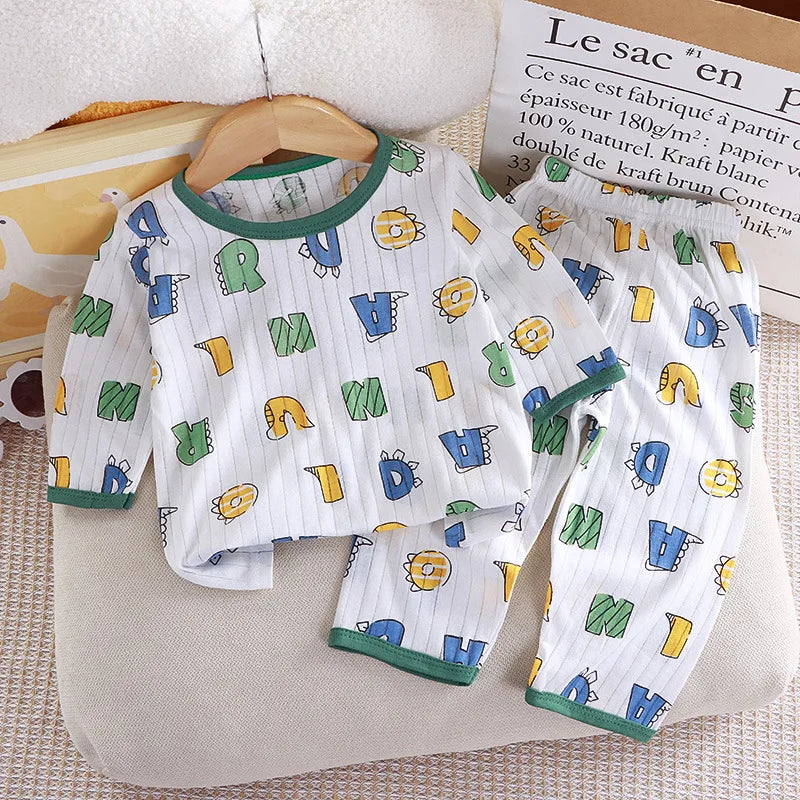 1Set Summer Pour Cotton Boy Girl Outfit Baby Infant T-shirt+Pant Set Kid Cartoon Clothe Set Children Solid Air Conditioning Suit