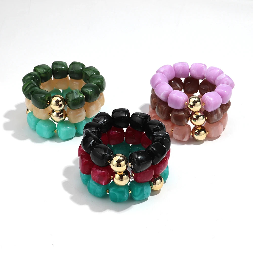 Acrylic Square Beads Elastic Bracelets for Women Boho Irregular Stone Shape Beaded Handmade Bracelet Bangle Retro Jewelry Gifts