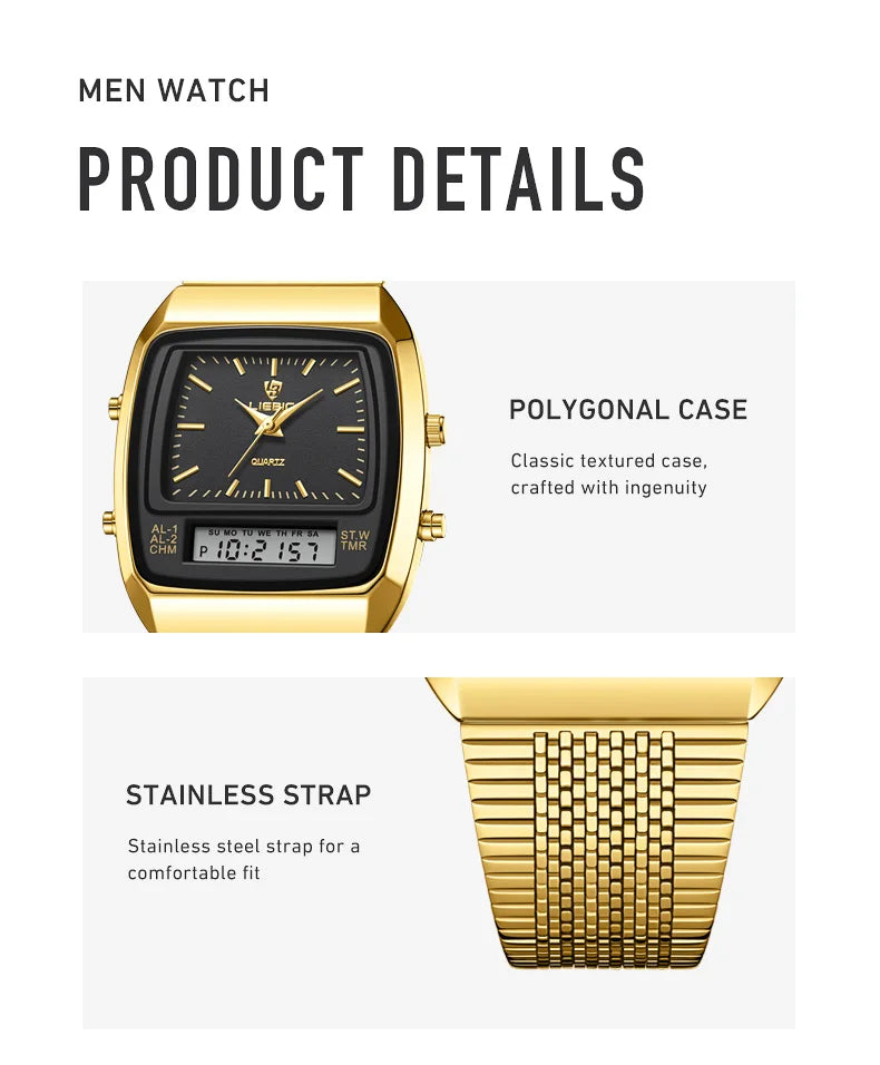 New Fashion Casual Watch Men Digital Dual Time Week Gold Sport 3bar Waterproof Quartz Wristwatches Clock relogio masculino L1030