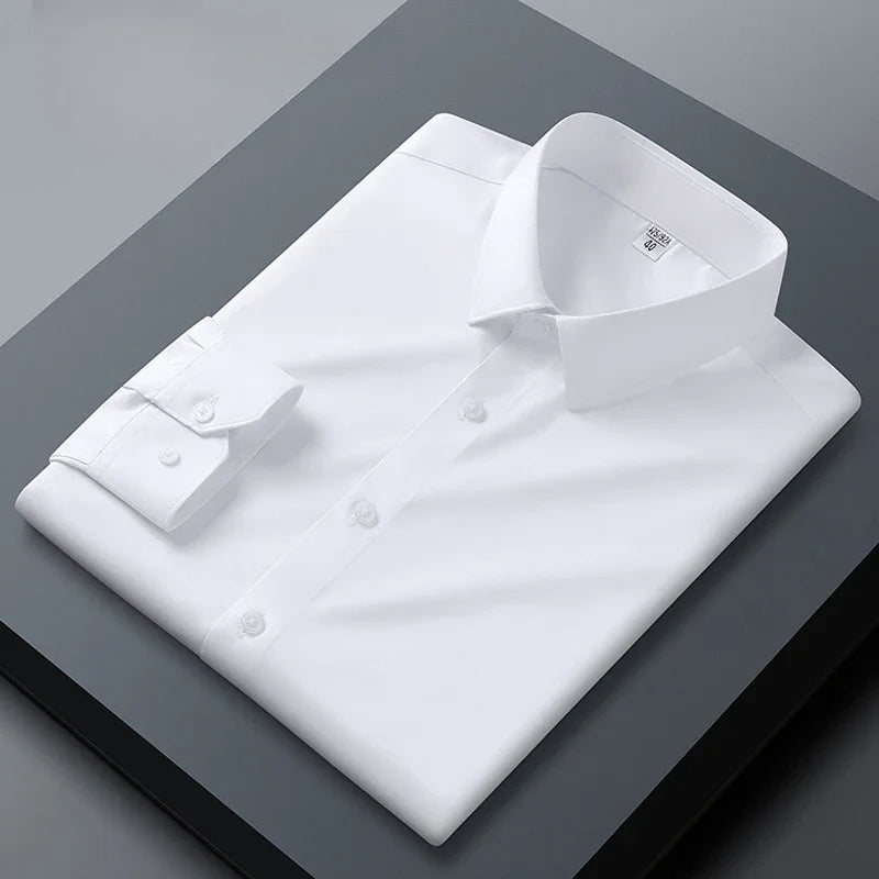 S-6XL Men's Long Sleeve Shirt Luxury Wrinkle Resistant Pure White Shirt Business Dress Casual Ice Silk Glossy Shirt