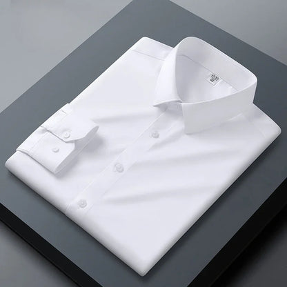 S-6XL Men's Long Sleeve Shirt Luxury Wrinkle Resistant Pure White Shirt Business Dress Casual Ice Silk Glossy Shirt