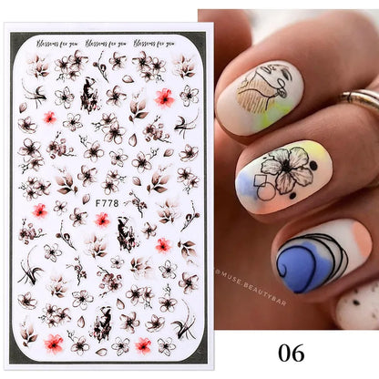 Black and White Love Flowers Line Art 3D Stickers Nail Decals Nail Art Accessories Butterfly Rose Nail Stickers Nail Sliders