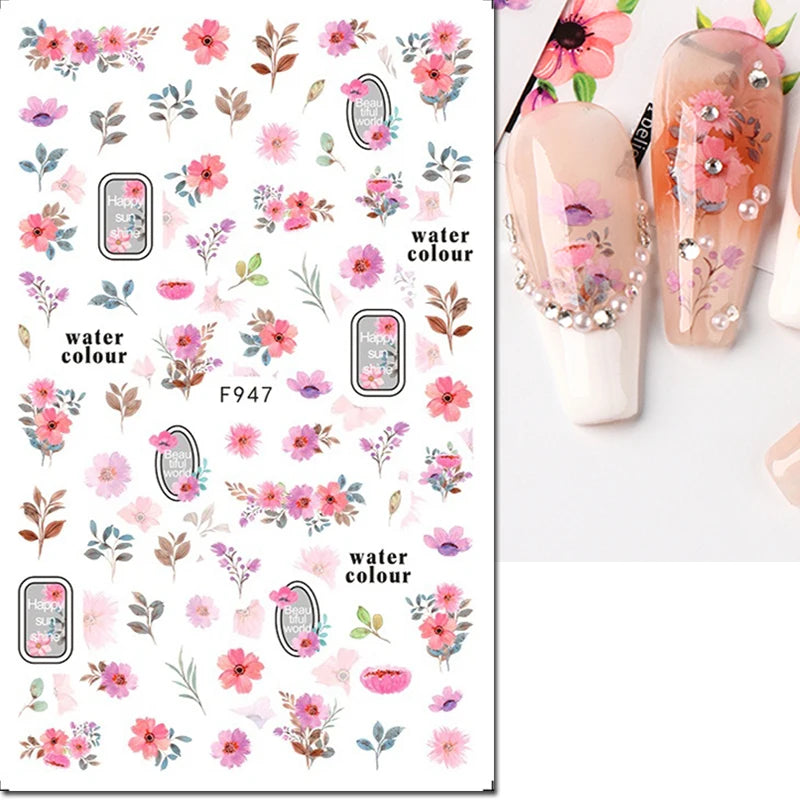 3d Nail Art Decals Elegant White RoyalBlue Roses Flowers Adhesive Sliders Nail Stickers Decoration For Nail Manicure