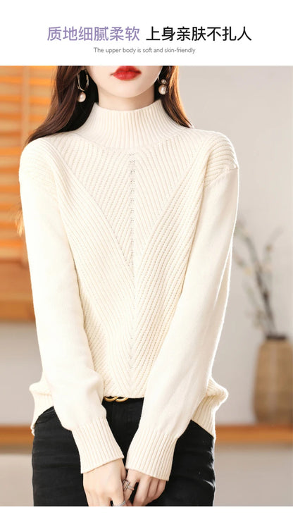 Women 100% Cotton Knit Sweater Half-high Collar Stripe Pullover Autumn Winter Thickened Bottoming Clothing Casual Knitted Tops
