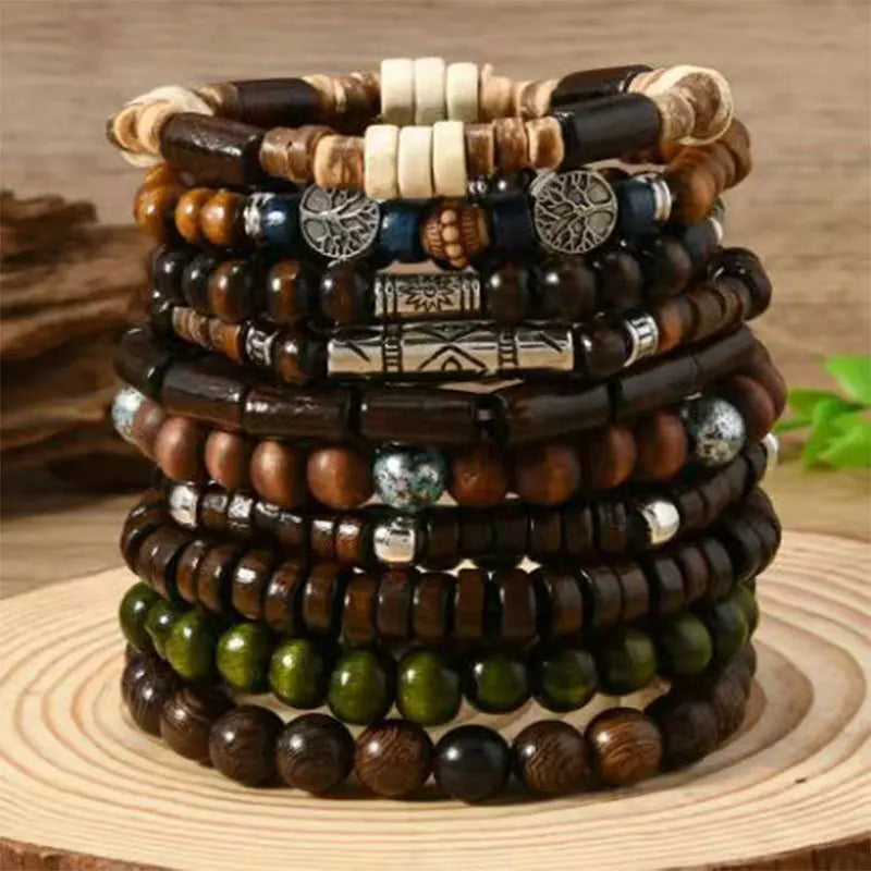 10pcs Bohemia Ethnic Beaded Bracelets For Men Vintage Multi Layer Wooden Beads Life Tree Beaded Bracelets Accessory Gifts Party