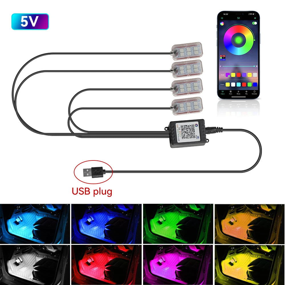 Neon Dual Control LED Car Interior Ambient Foot Light with USB Wireless Remote Music APP Control Auto Atmosphere Decorative Lamp
