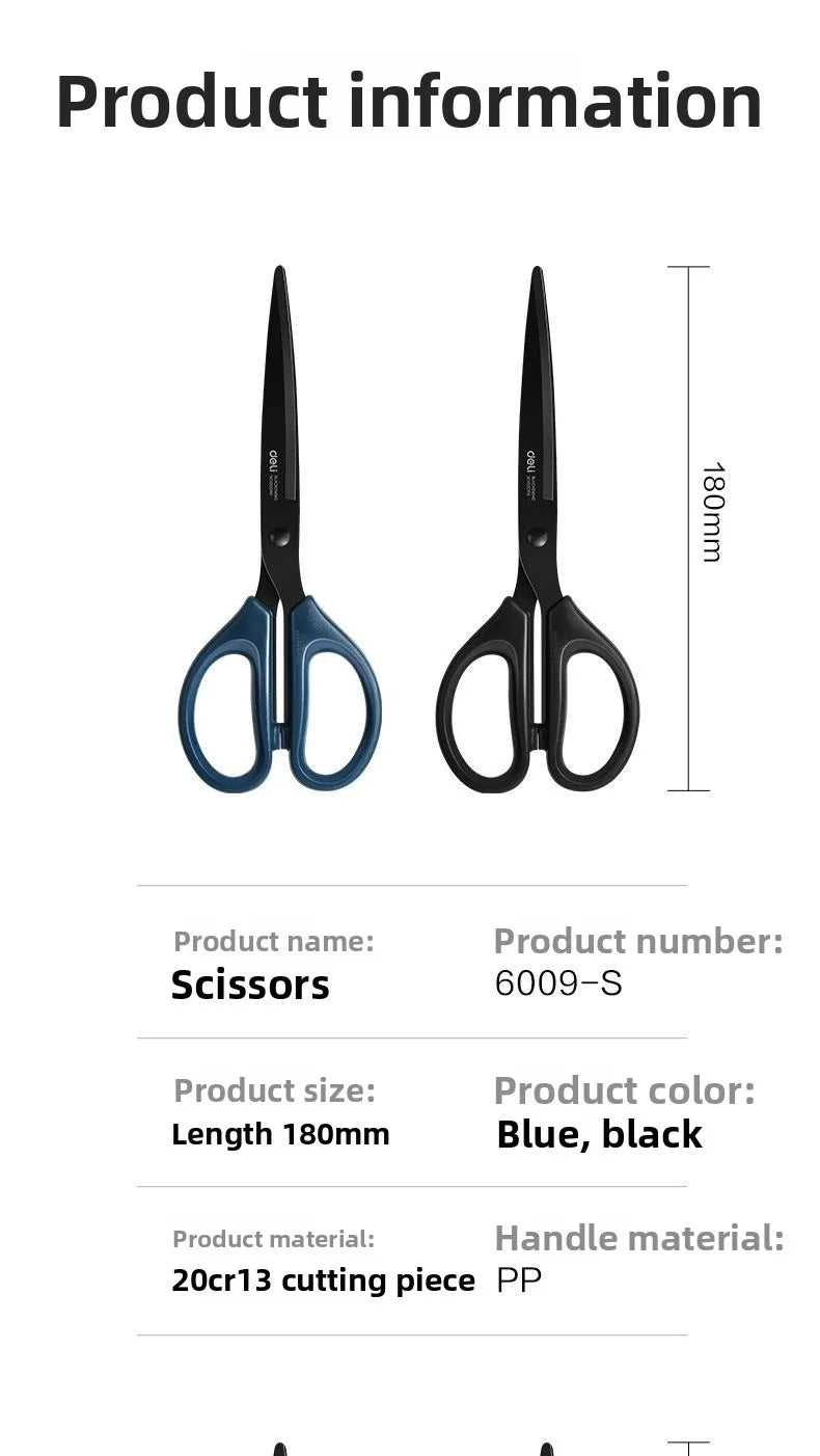 Deli Black Blade Scissors Stainless Steel Anti-Rust Shears Comfort Grip Office School Home Craft Cutting Stationery