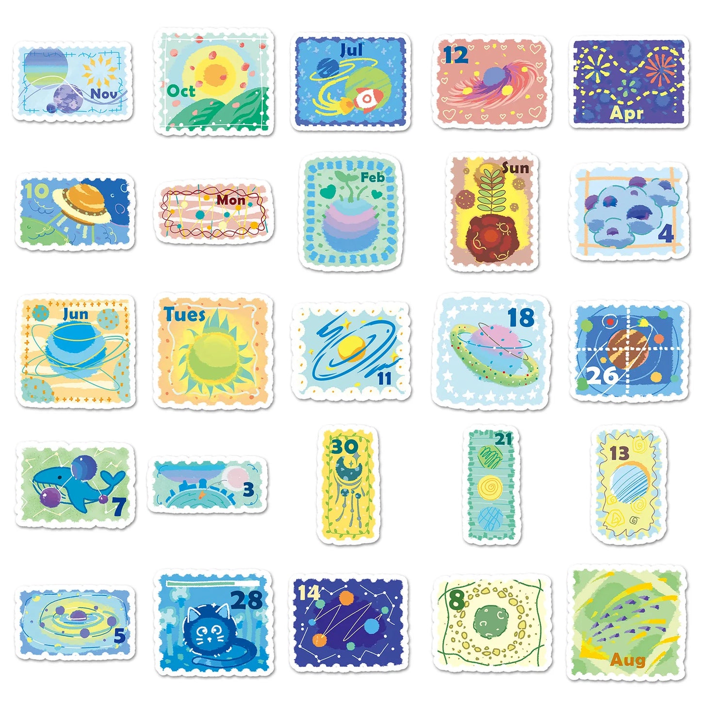 50PCS Cute Stamp Style Space Calendar Stickers Kawaii Planet Journal Decorative Notebook Phone Case Waterproof Stickers Kids Toy