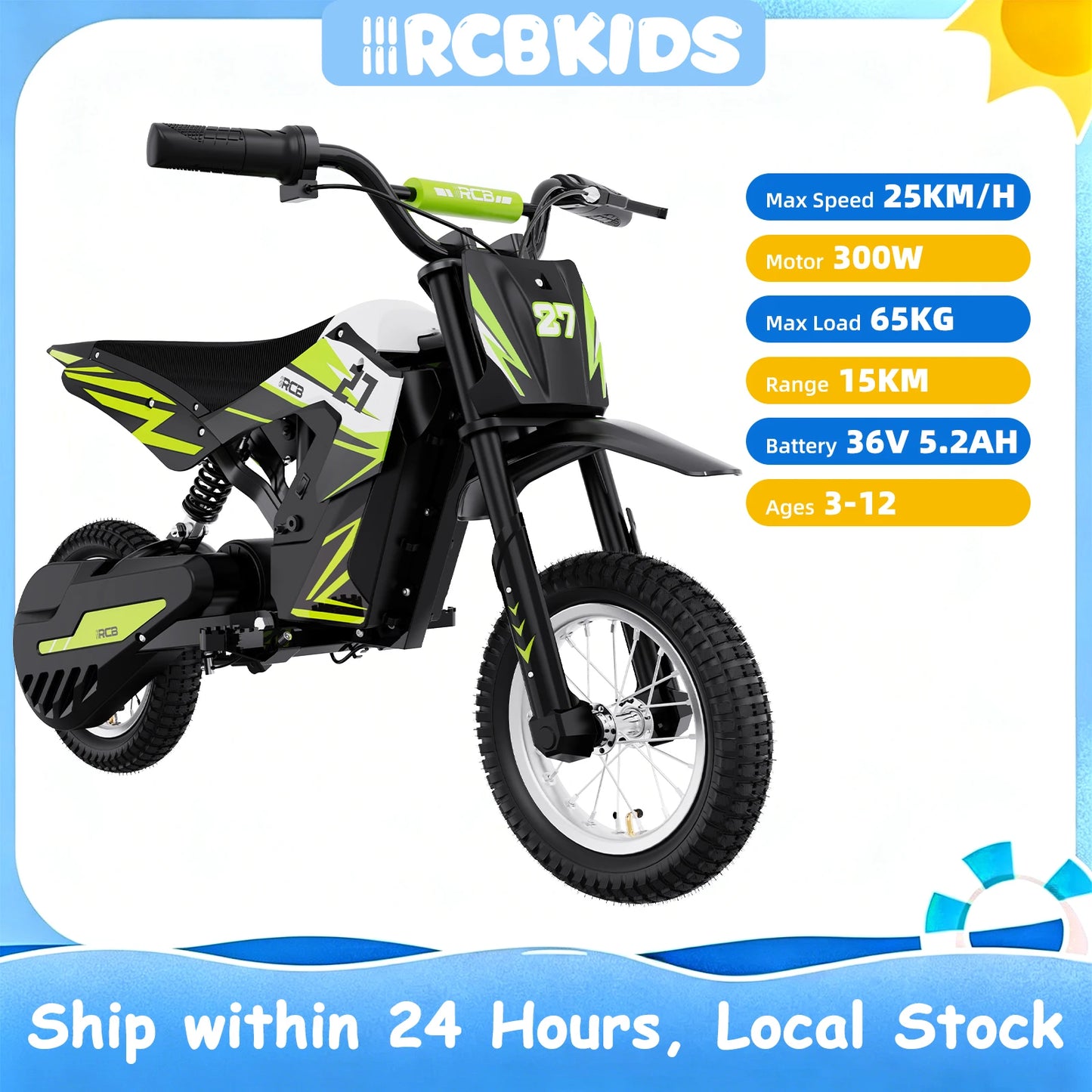 RCB KIDS R9X electric Motorbike child 300W, 36V 5.2Ah,15,5 MPH, 9,3 miles. Secure vehicle, perfect gift for children 3-12