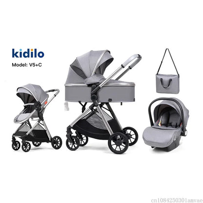 3-in-1 baby stroller, high landscape stroller, equipped with car seat, mom bag, one click folding, can sit and lie down